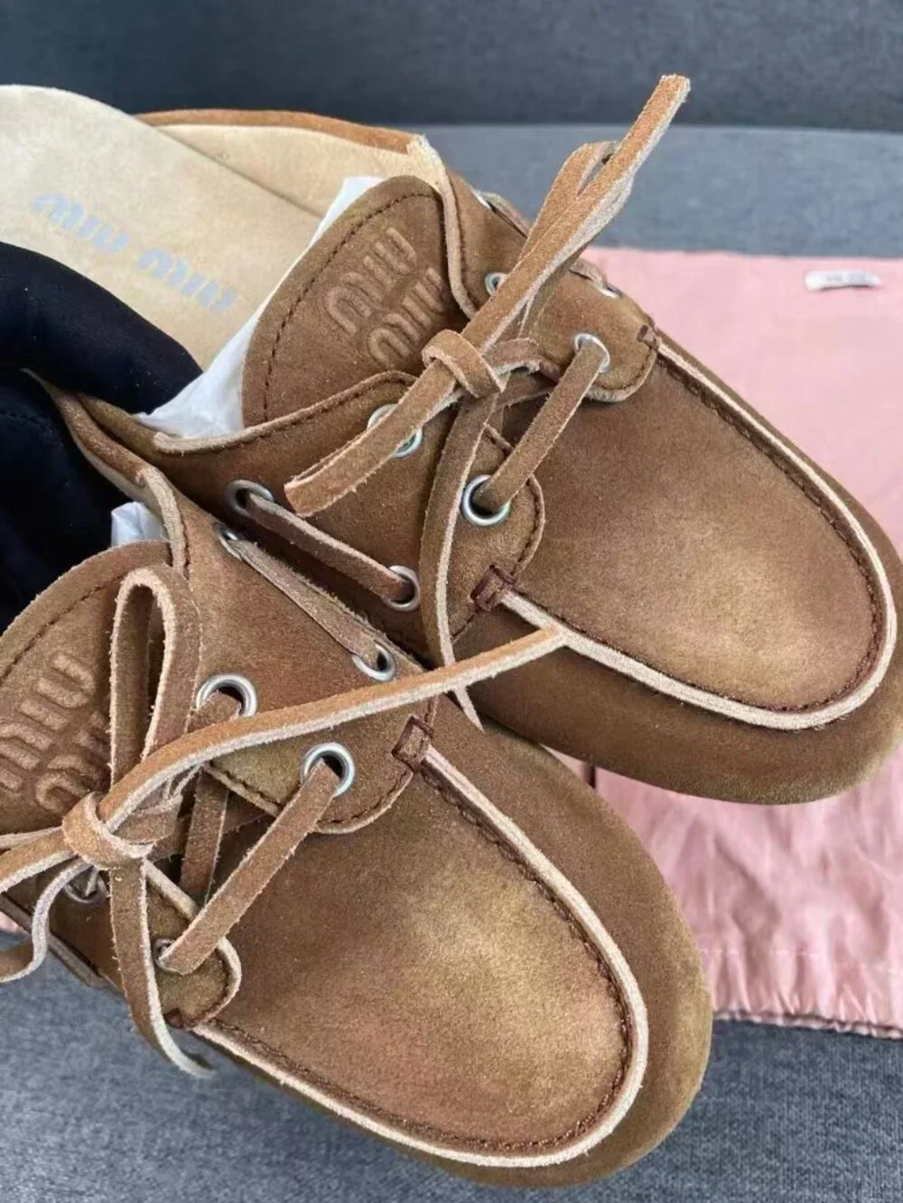 Miu Miu Vintage Brown Suede Boat Shoe Mules